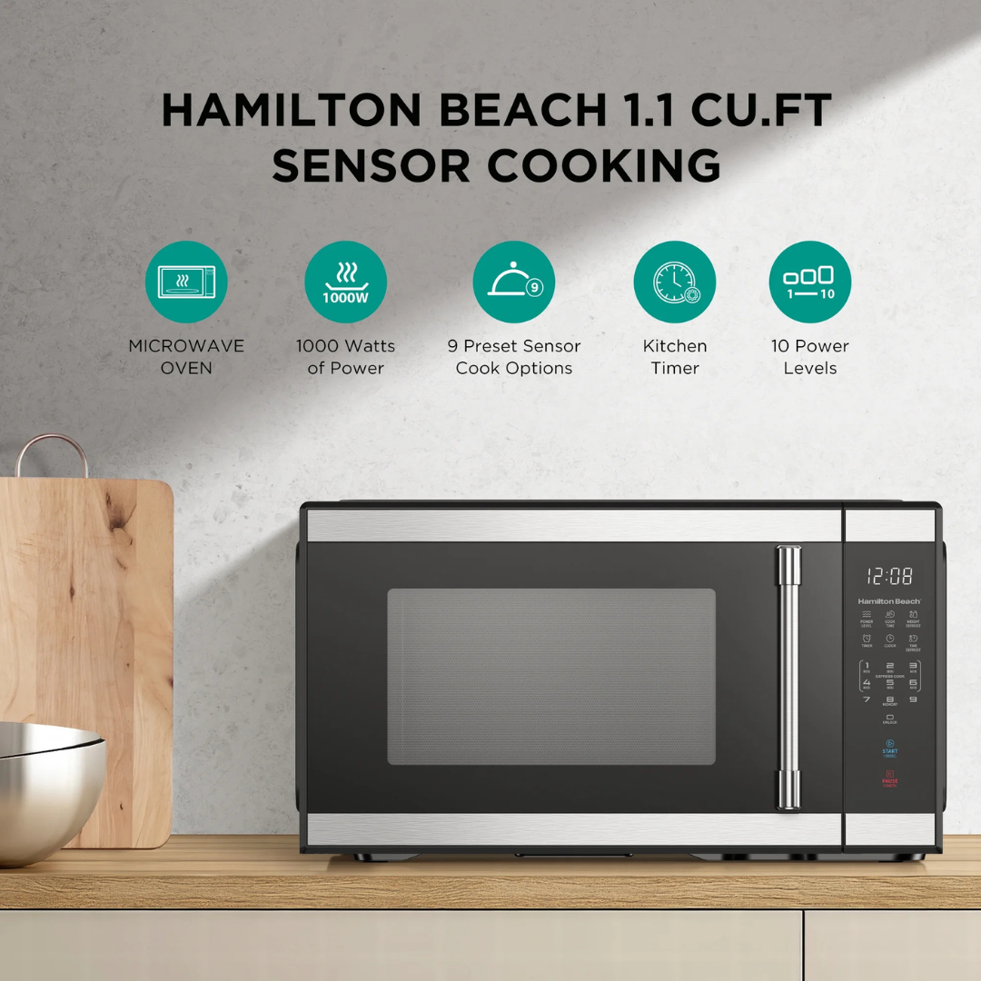 Hamilton Beach Horno de Microondas – 1000 W, Acero Inoxidable y Negro
