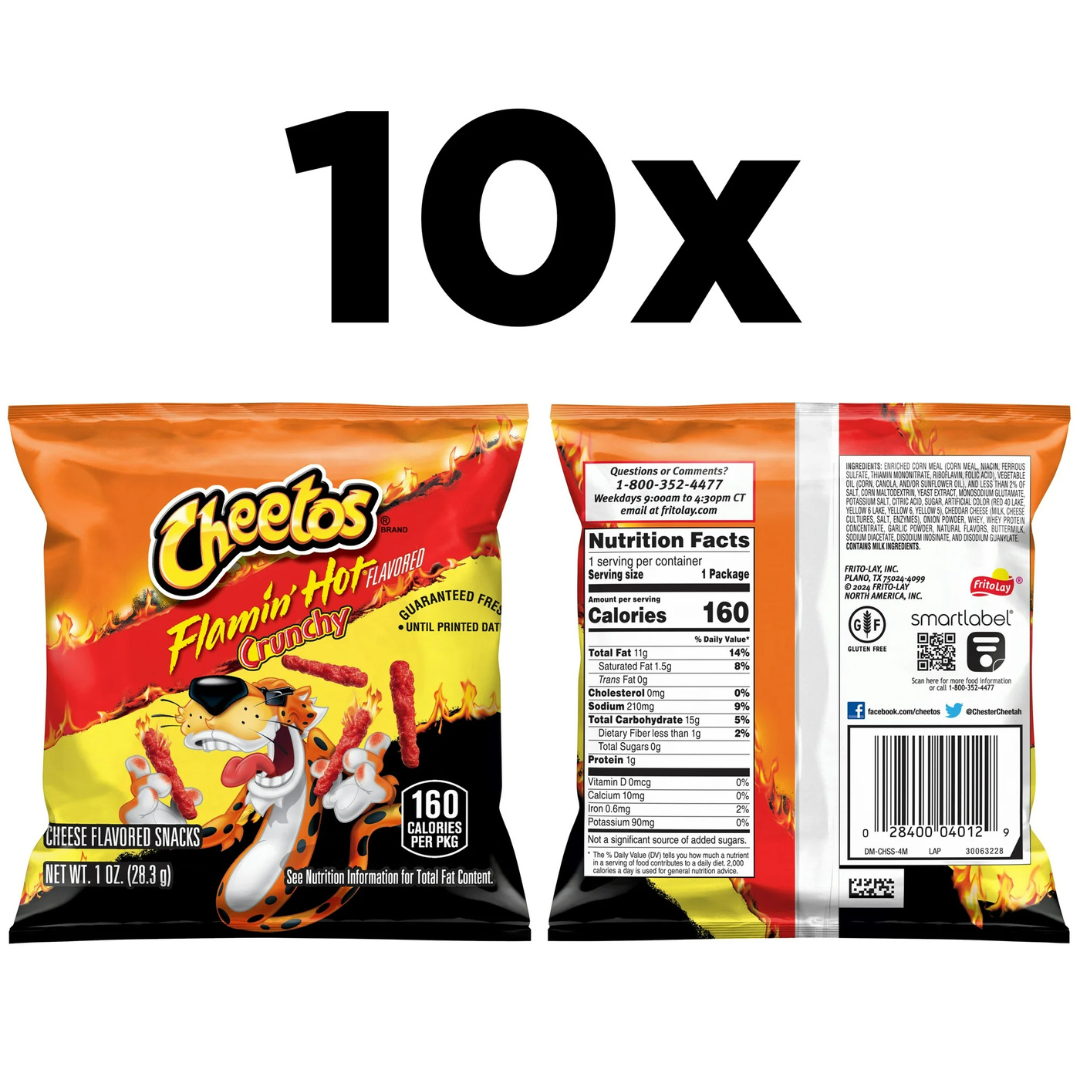 Cheetos Crunchy Flamin' Hot – Snack Crujiente de Queso Picante (10 bolsas)