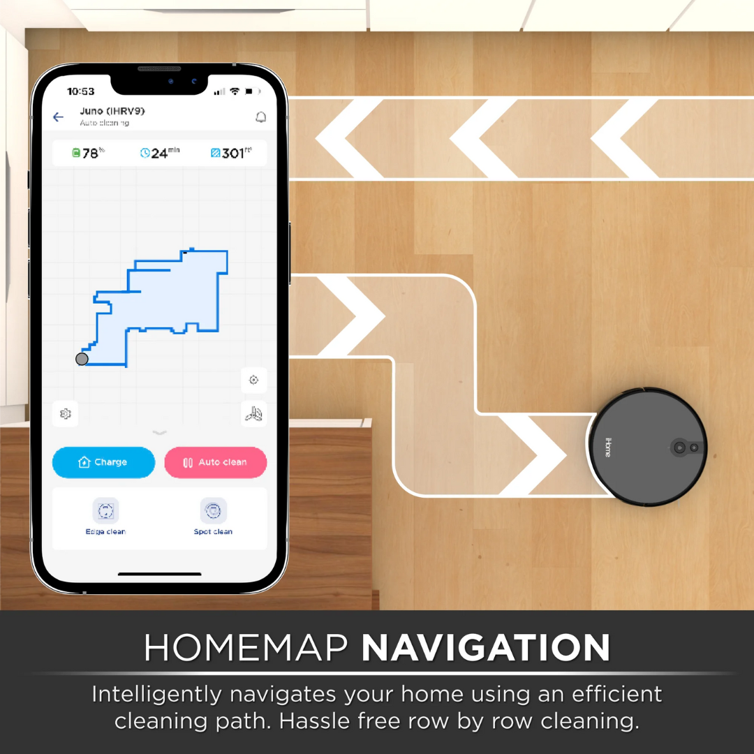 iHome AutoVac Juno – Robot Aspiradora con Mapeo, Control por App y 120 Minutos de Autonomía